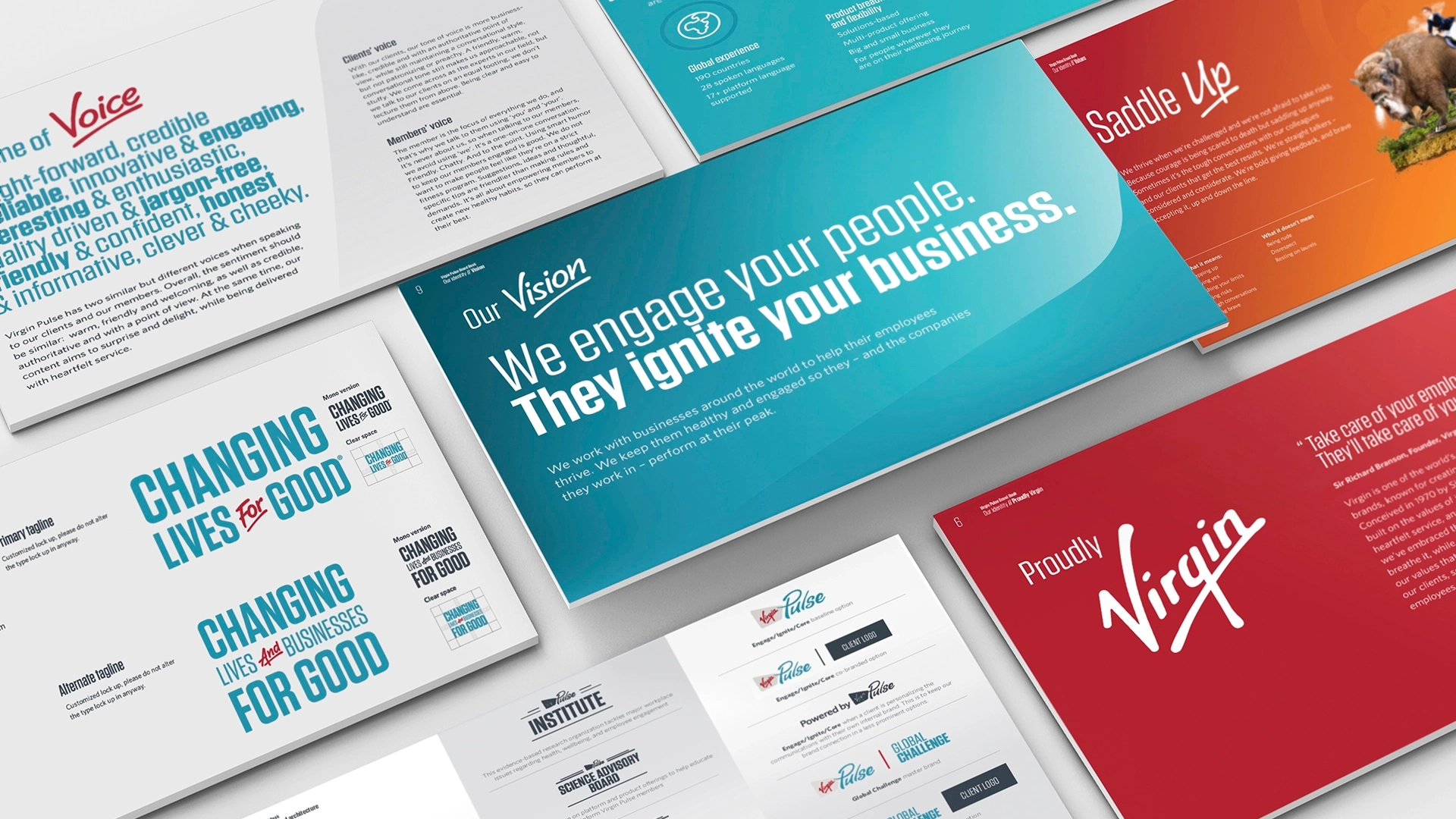 Virgin Pulse brand book spreads.